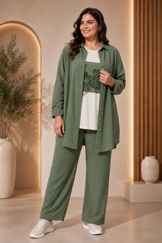 Vêtements hijab BEIGE ENSEMBLE PANTALON TROIS PIÈCES COL CHEMISE 21013 - ALVİNA