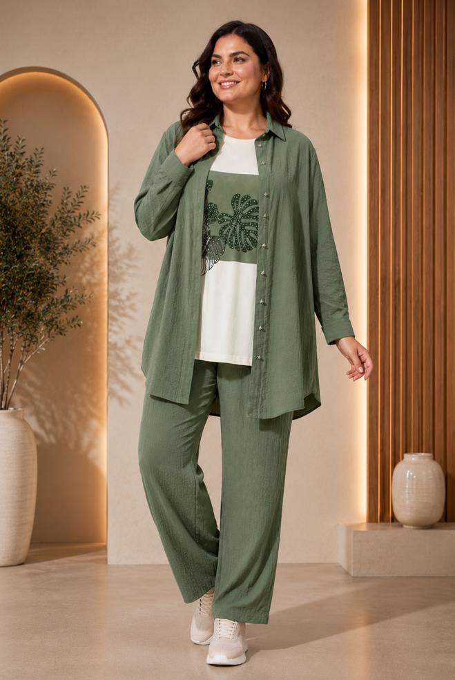Vêtements hijab BEIGE ENSEMBLE PANTALON TROIS PIÈCES COL CHEMISE 21013 - ALVİNA