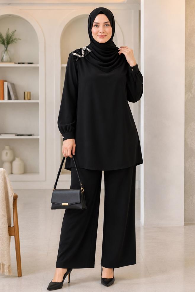 Hijab clothing BLACK BEAD EMBROIDERED PANTSUIT 21030 - ALVİNA