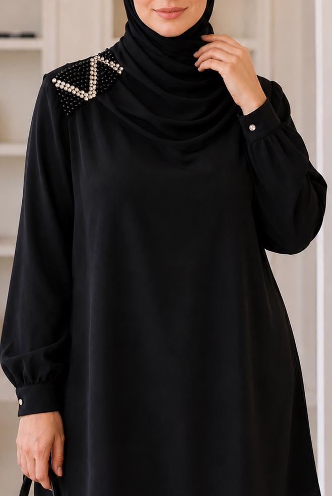 Hijab clothing BLACK BEAD EMBROIDERED PANTSUIT 21030 - ALVİNA