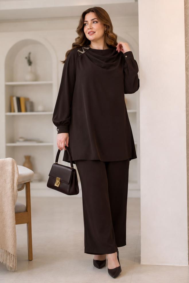 Hijab clothing BROWN BEAD EMBROIDERED PANTSUIT 21030 - ALVİNA