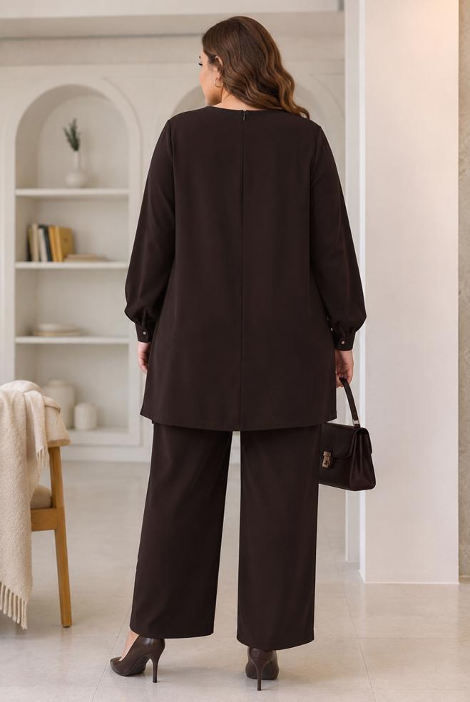Hijab clothing BROWN BEAD EMBROIDERED PANTSUIT 21030 - ALVİNA