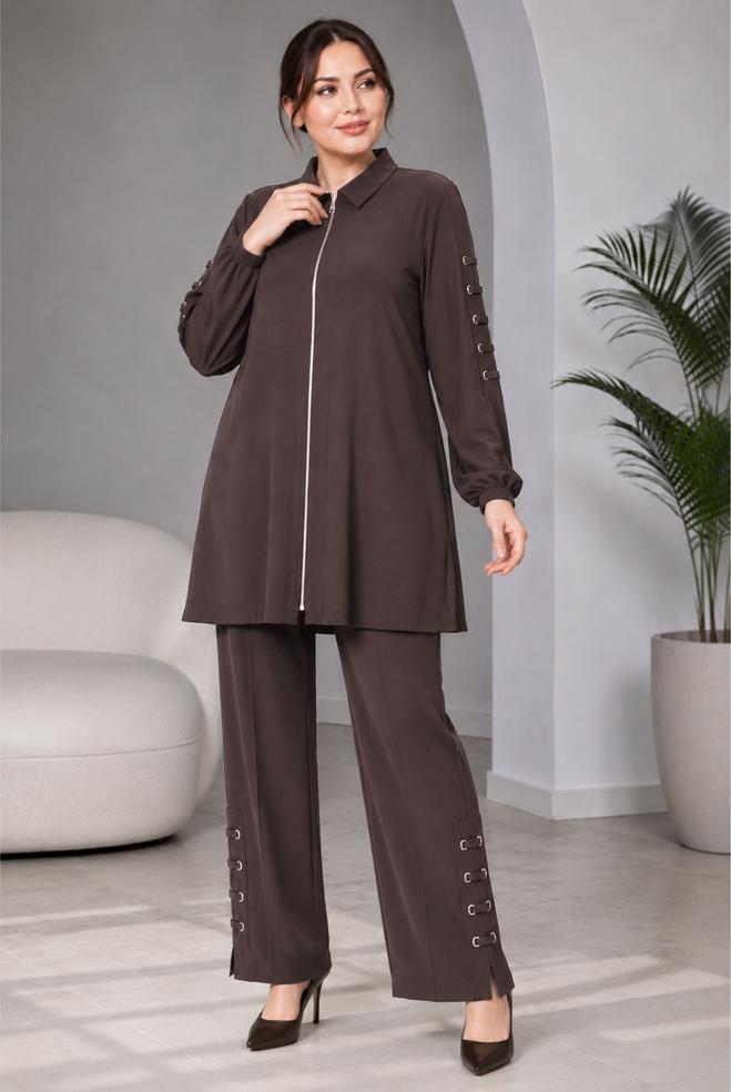 Hijab clothing BROWN PLUS SIZE MODAL PANTSUIT 21040 - ALVİNA