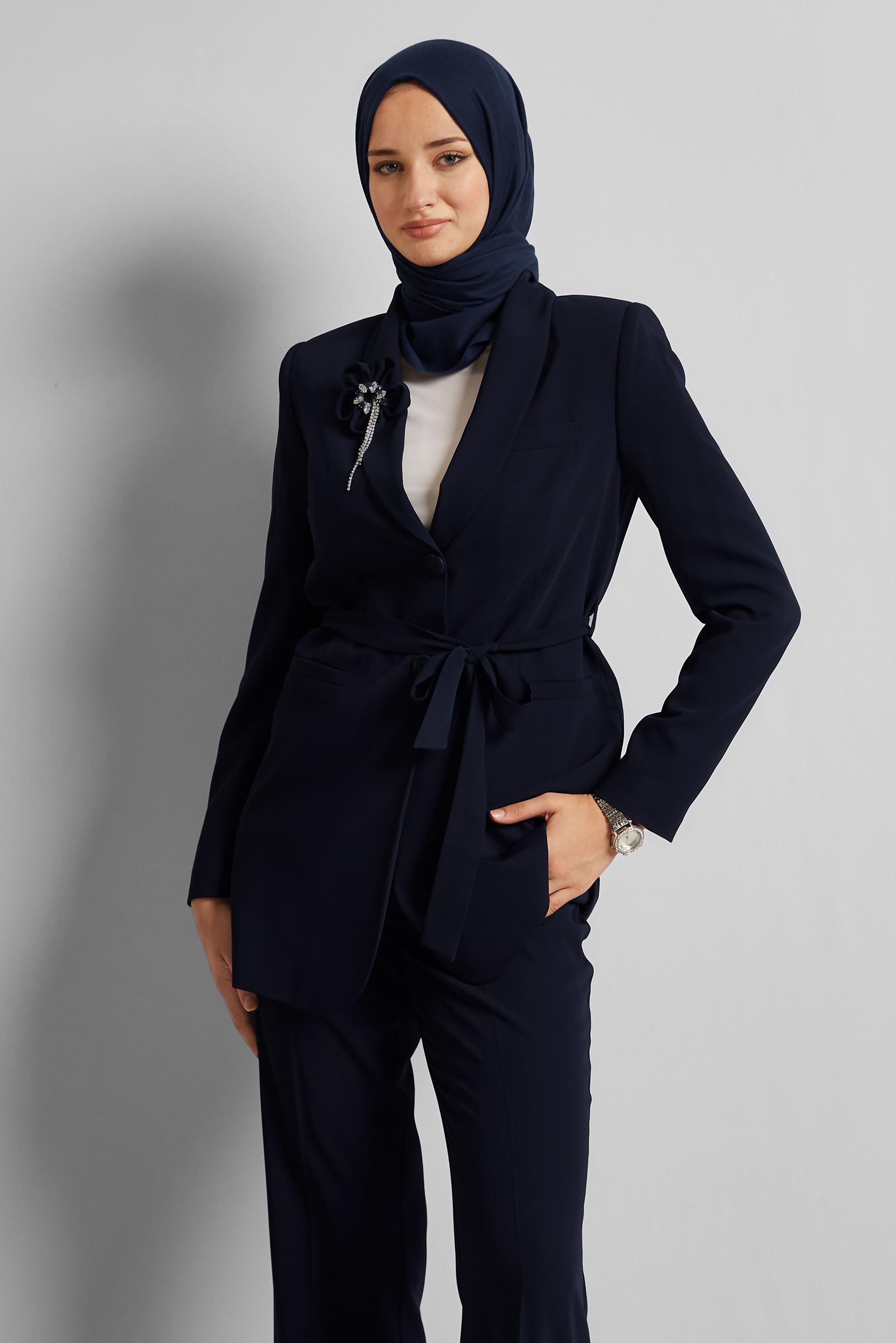 Tesettür giyim LACİVERT KUŞAKLI PANTOLONLU TAKIM 30533