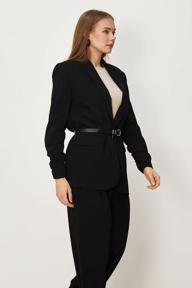 Hijab-Kleidung SCHWARZ HOSENANZUG MIT GÜRTEL 30550 - ALVİNA