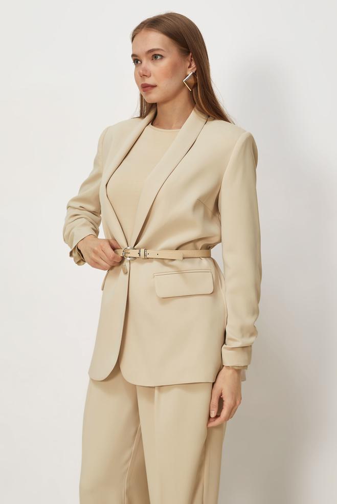 Hijab-Kleidung BEIGE HOSENANZUG MIT GÜRTEL 30550 - ALVİNA