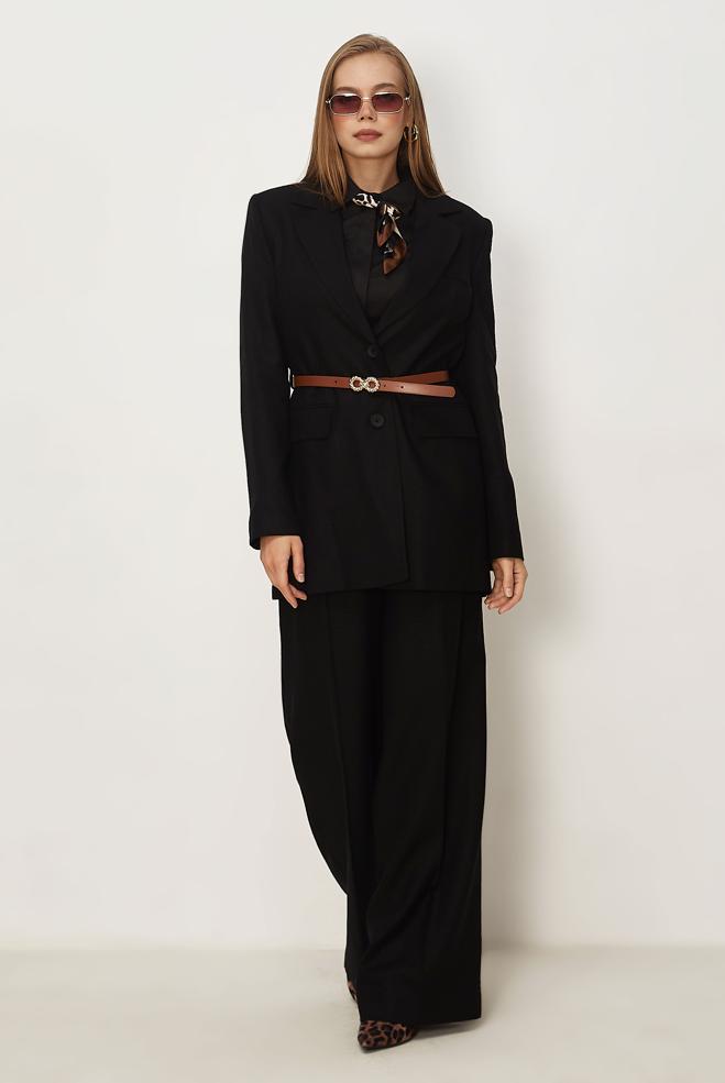 Hijab clothing BLACK BELTED LINEN PANTSUIT 30552 - ALVİNA