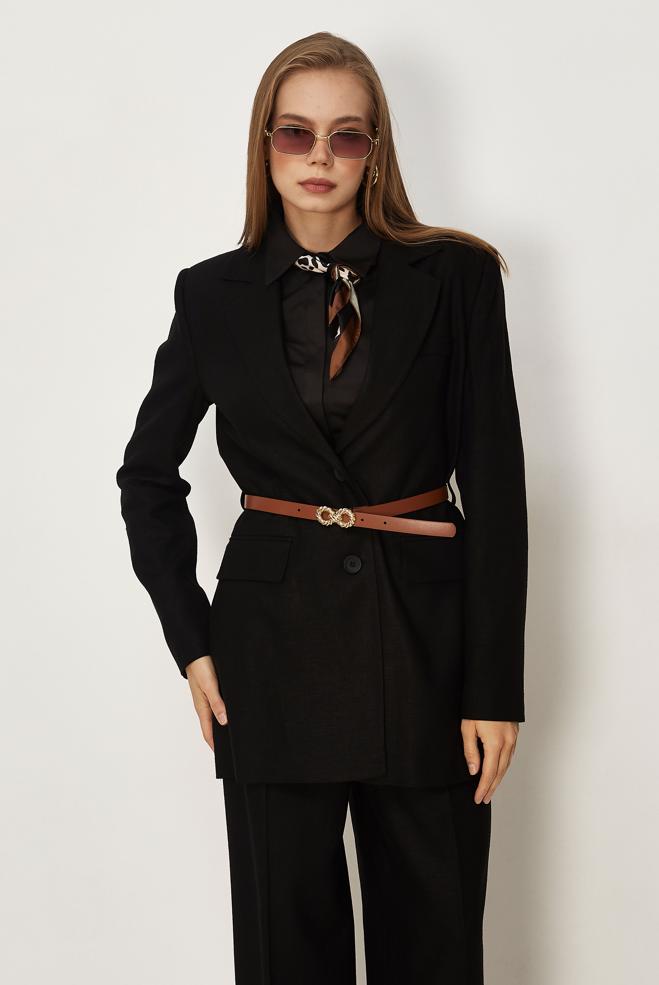 Hijab clothing BLACK BELTED LINEN PANTSUIT 30552 - ALVİNA