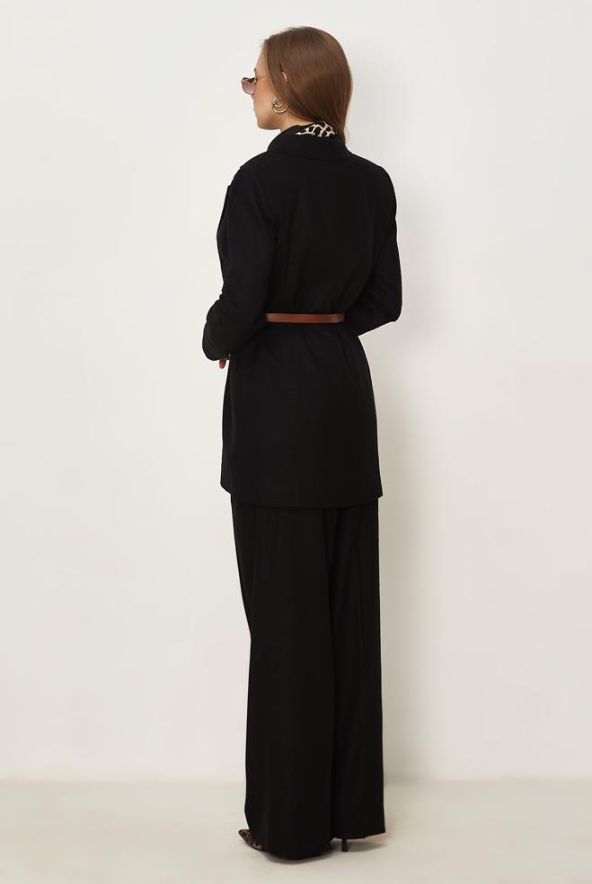 Hijab clothing BLACK BELTED LINEN PANTSUIT 30552 - ALVİNA
