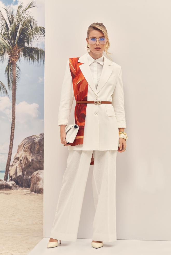 Hijab-Kleidung WEISS HOSENANZUG AUS LEINEN MIT GÜRTEL 30552 - ALVİNA