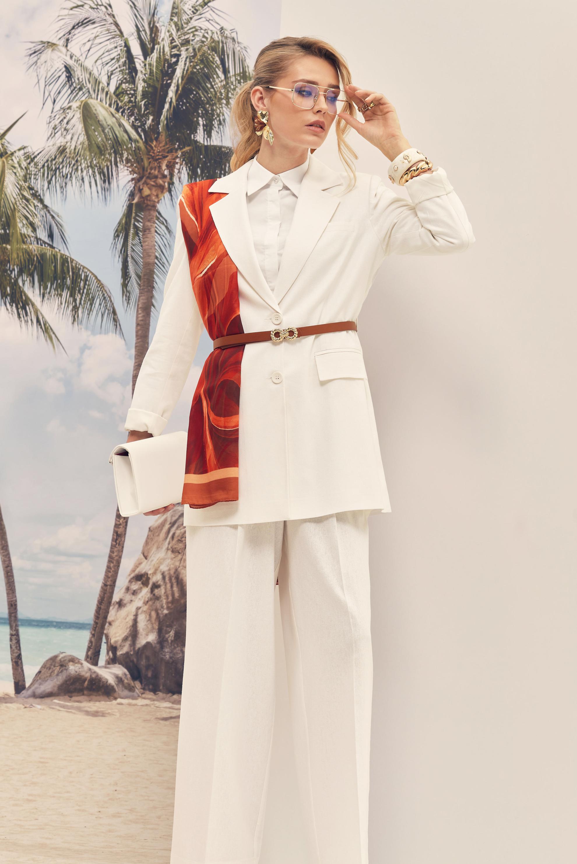 Hijab-Kleidung WEISS HOSENANZUG AUS LEINEN MIT GÜRTEL 30552