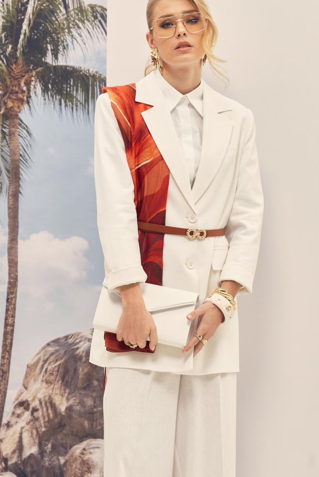 Hijab-Kleidung WEISS HOSENANZUG AUS LEINEN MIT GÜRTEL 30552 - ALVİNA