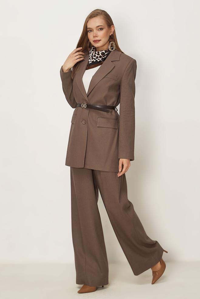 Hijab clothing MINK BELTED LINEN PANTSUIT 30552 - ALVİNA
