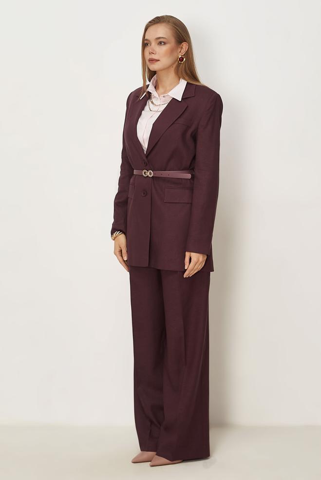 Hijab clothing CLARET RED BELTED LINEN PANTSUIT 30552 - ALVİNA