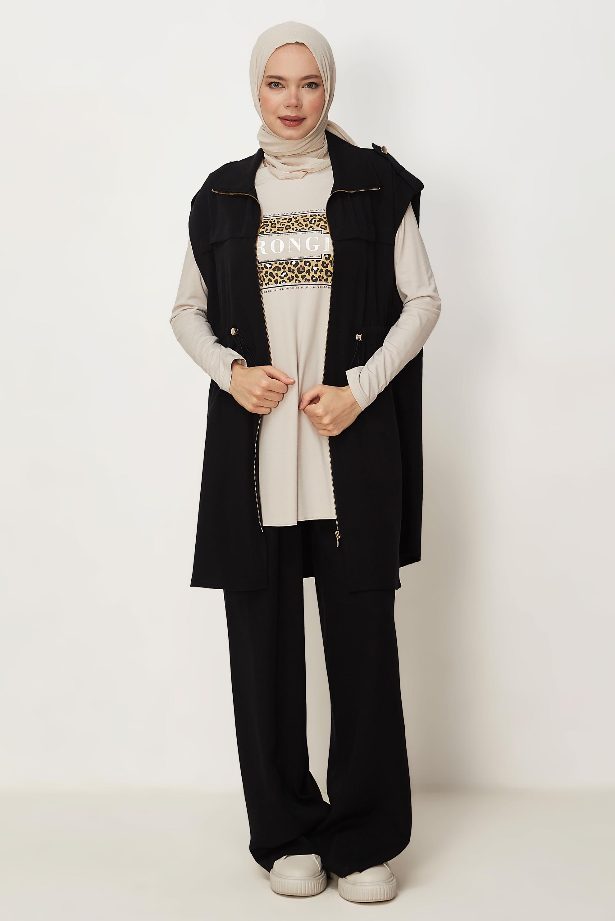 Tesettür giyim SİYAH LYOCELL ÜÇLÜ PANTOLONLU TAKIM 45643