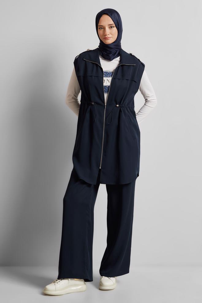 Hijab clothing NAVY BLUE THREE PIECES PANTS LYOCELL SUIT 45643 - ALVİNA