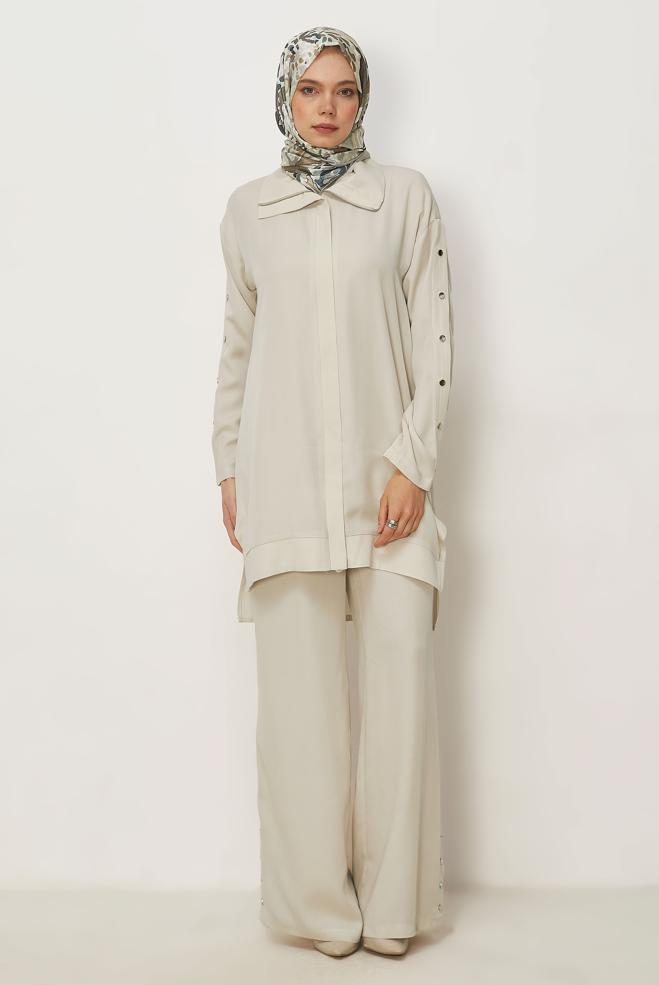 Hijab clothing BEIGE SNAPPED PANTSUIT 45653 - ALVİNA