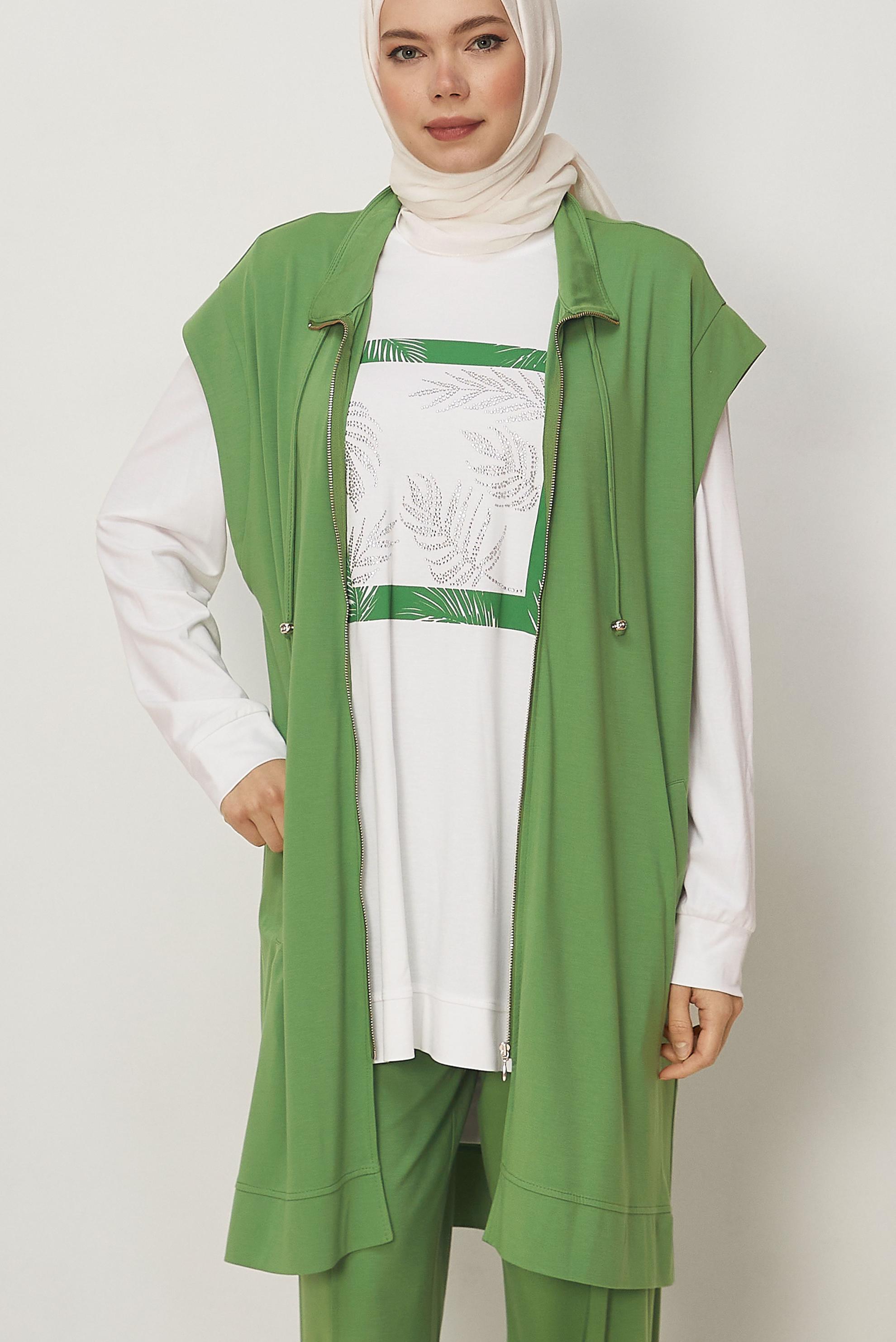 Tesettür giyim YEŞİL ÜÇLÜ PANTOLONLU TAKIM 45696