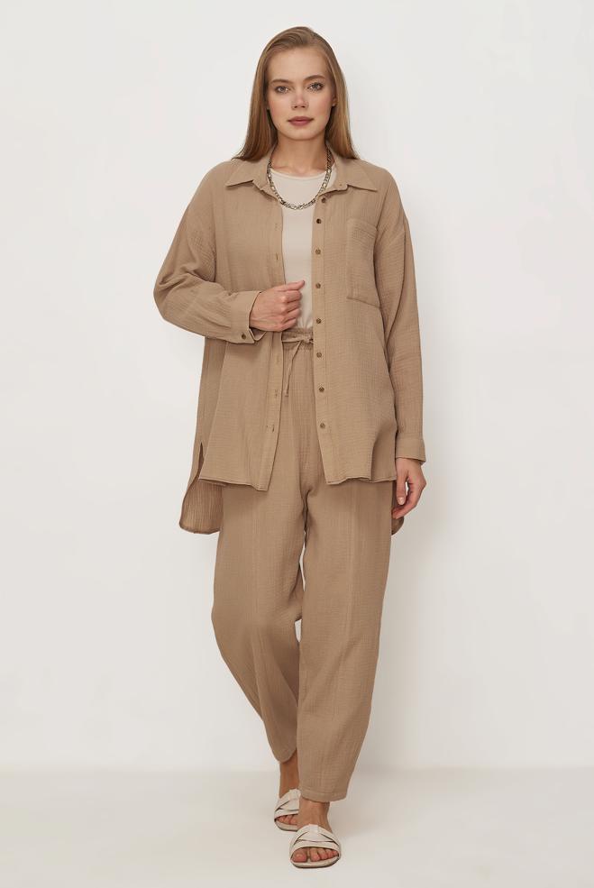 Hijab clothing BEIGE MUSLIN PANTSUIT 45776 - ALVİNA