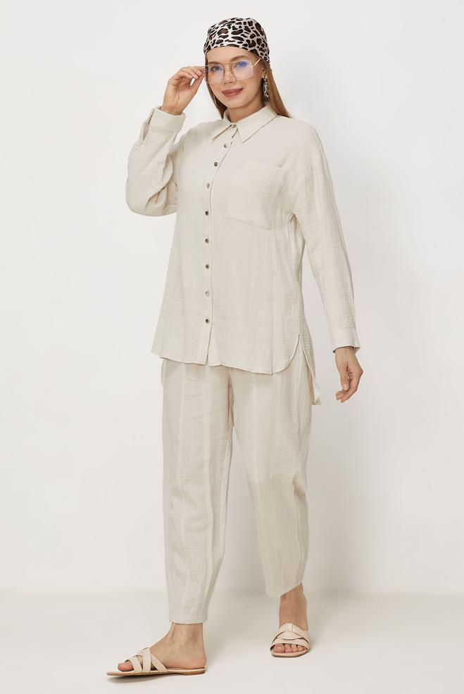 Hijab-Kleidung ECRU HOSENANZUG AUS MUSSELIN 45776 - ALVİNA