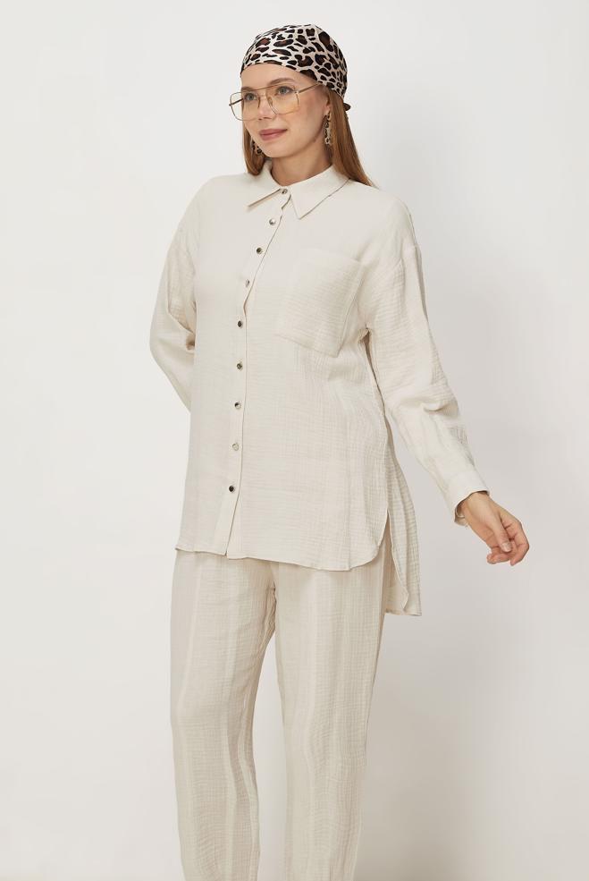 Hijab-Kleidung ECRU HOSENANZUG AUS MUSSELIN 45776 - ALVİNA