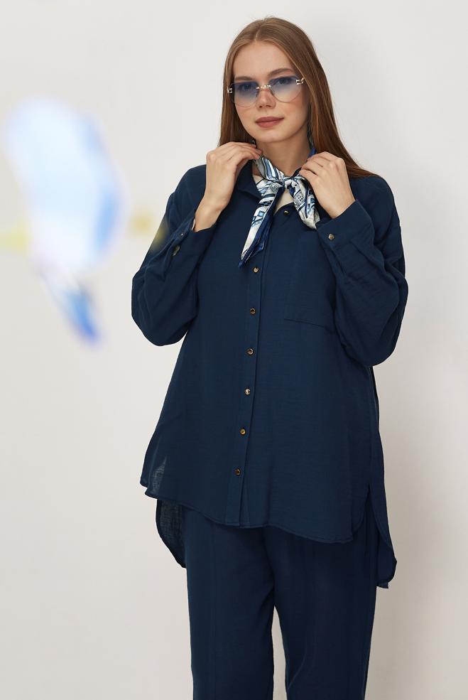 Hijab-Kleidung NAVY BLAU HOSENANZUG AUS MUSSELIN 45776 - ALVİNA