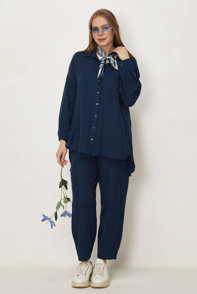Hijab-Kleidung NAVY BLAU HOSENANZUG AUS MUSSELIN 45776 - ALVİNA