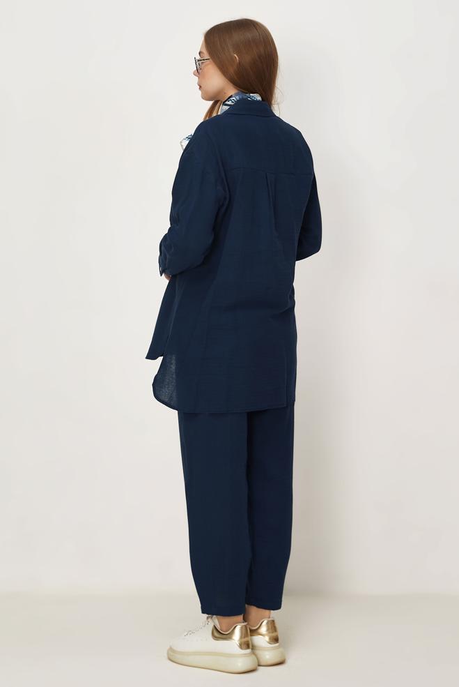 Hijab-Kleidung NAVY BLAU HOSENANZUG AUS MUSSELIN 45776 - ALVİNA