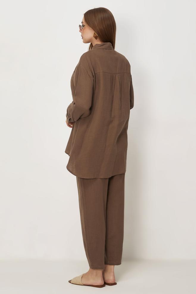 Hijab-Kleidung BRAUN HOSENANZUG AUS MUSSELIN 45776 - ALVİNA