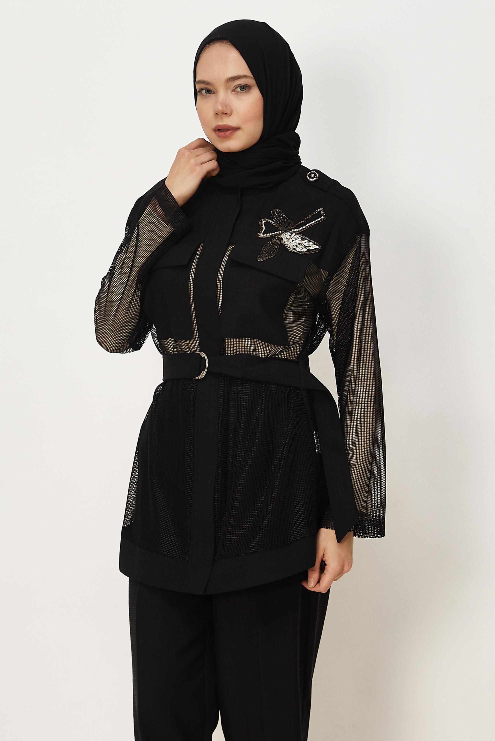 Tesettür giyim SİYAH KEMERLİ PANTOLONLU TAKIM 46301