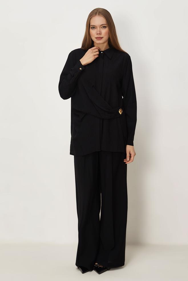 Hijab-Kleidung SCHWARZ HOSENANZUG MIT HEMDKRAGEN 46326 - ALVİNA