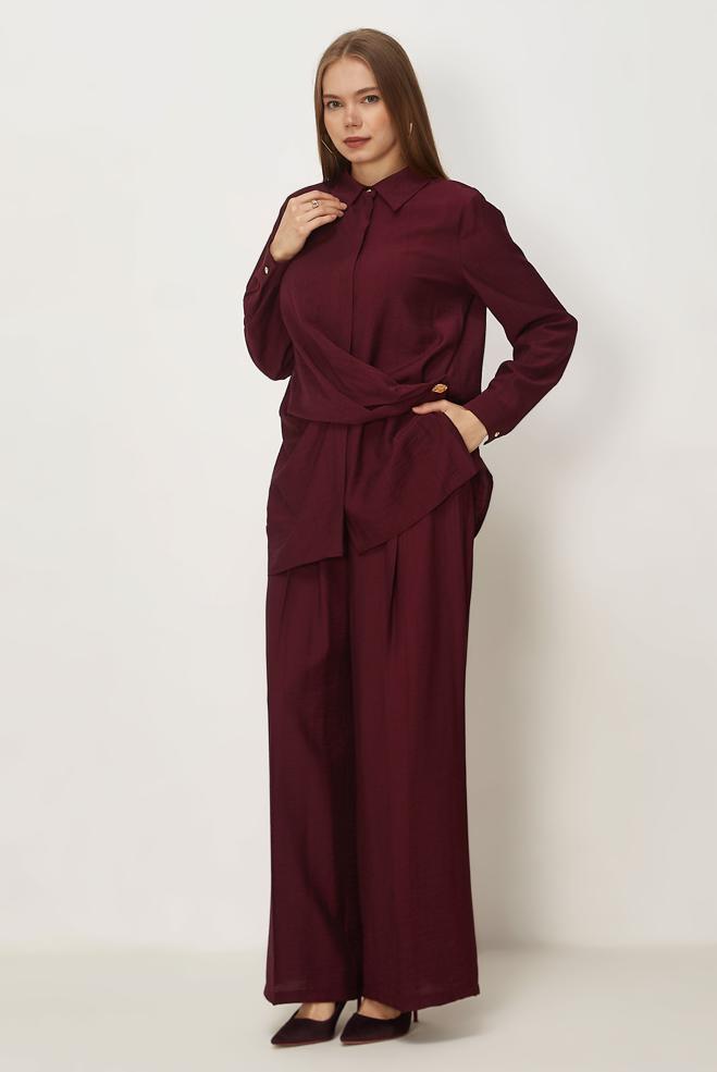 Hijab-Kleidung BURGUND HOSENANZUG MIT HEMDKRAGEN 46326 - ALVİNA