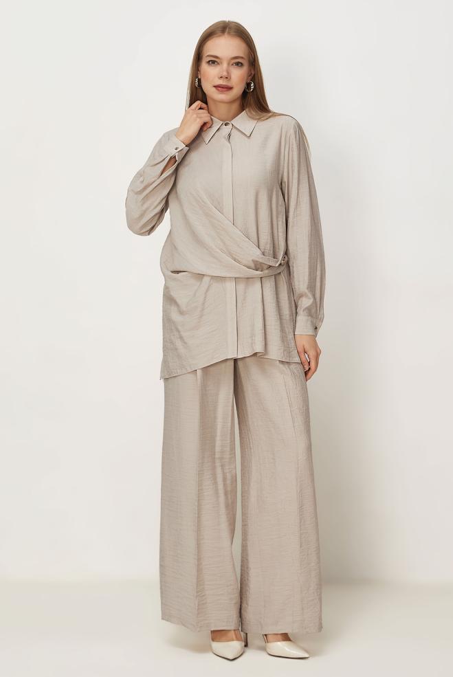 Hijab-Kleidung BEIGE HOSENANZUG MIT HEMDKRAGEN 46326 - ALVİNA