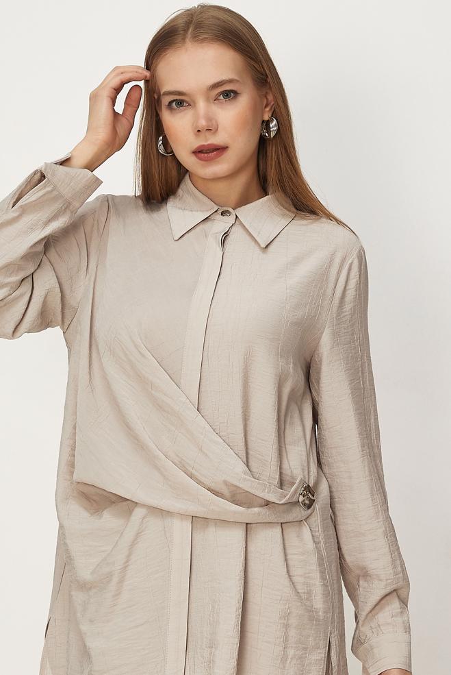 Hijab-Kleidung BEIGE HOSENANZUG MIT HEMDKRAGEN 46326 - ALVİNA