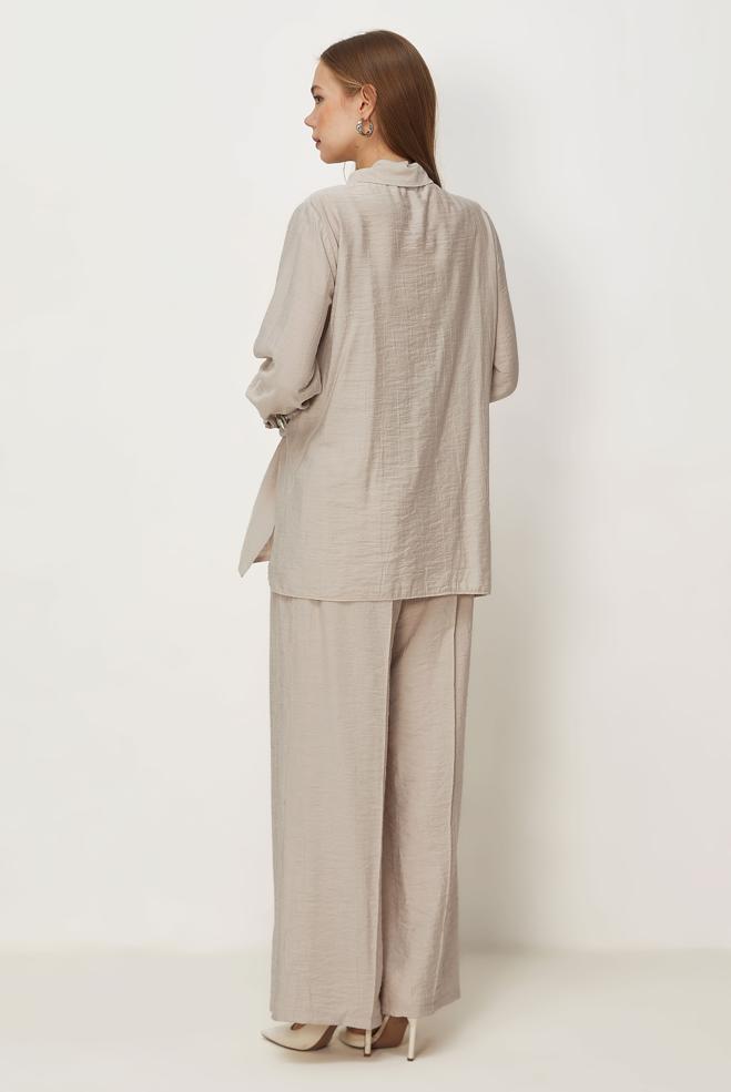 Hijab-Kleidung BEIGE HOSENANZUG MIT HEMDKRAGEN 46326 - ALVİNA
