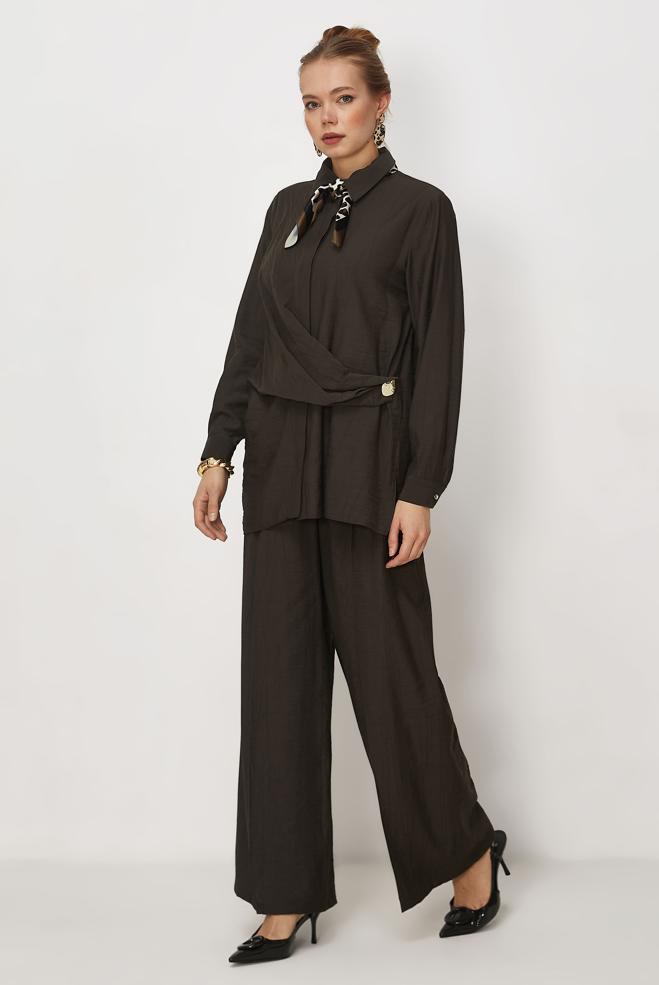 Hijab-Kleidung BRAUN HOSENANZUG MIT HEMDKRAGEN 46326 - ALVİNA