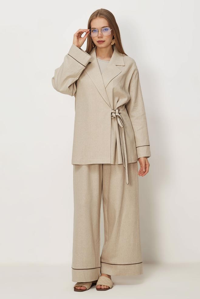 Hijab-Kleidung BEIGE HOSENANZUG AUS LEINEN 46344 - ALVİNA