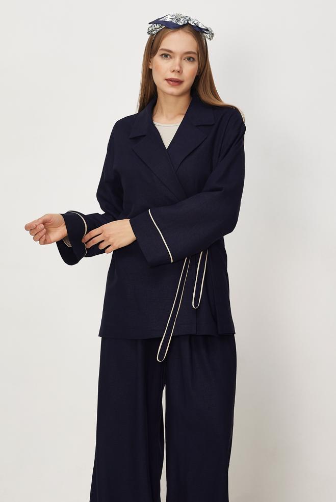 Hijab-Kleidung NAVY BLAU HOSENANZUG AUS LEINEN 46344 - ALVİNA