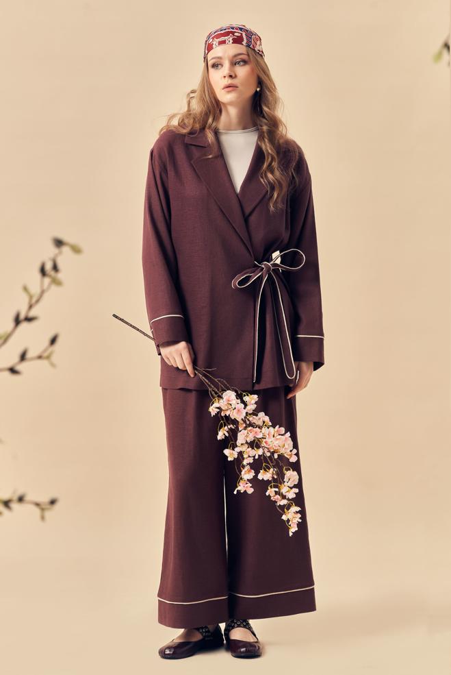 Hijab-Kleidung BURGUND HOSENANZUG AUS LEINEN 46344 - ALVİNA