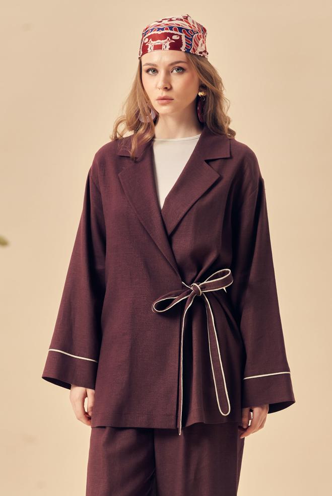 Hijab-Kleidung BURGUND HOSENANZUG AUS LEINEN 46344 - ALVİNA