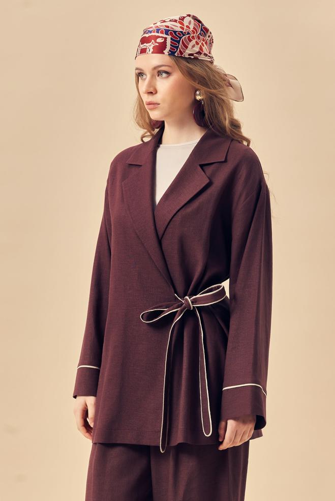 Hijab-Kleidung BURGUND HOSENANZUG AUS LEINEN 46344 - ALVİNA