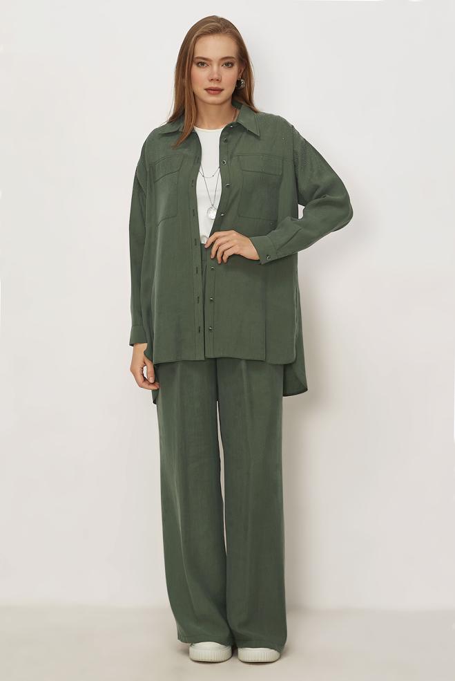 Hijab clothing KHAKI GEM DETAILED MODAL PANTSUIT 46380 - ALVİNA