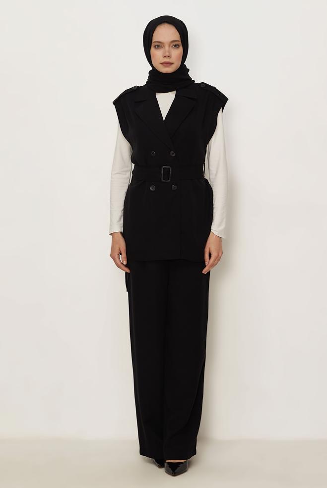 Hijab clothing BLACK BELTED PANTSUIT 46392 - ALVİNA