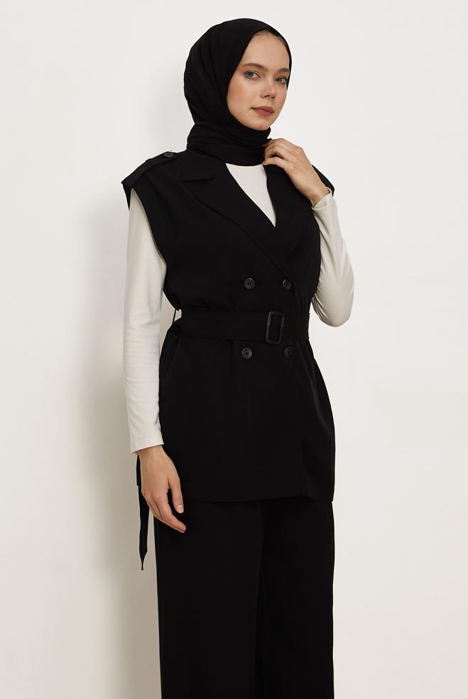 Hijab clothing BLACK BELTED PANTSUIT 46392 - ALVİNA