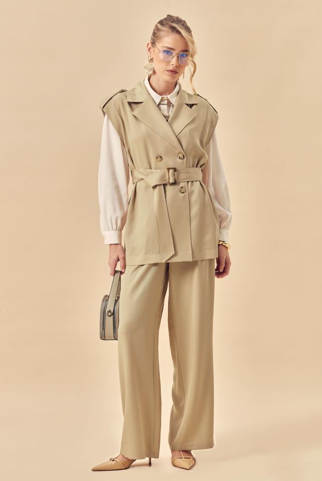 Hijab clothing BEIGE BELTED PANTSUIT 46392 - ALVİNA