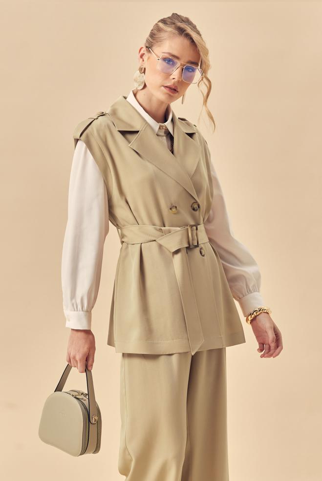 Hijab clothing BEIGE BELTED PANTSUIT 46392 - ALVİNA