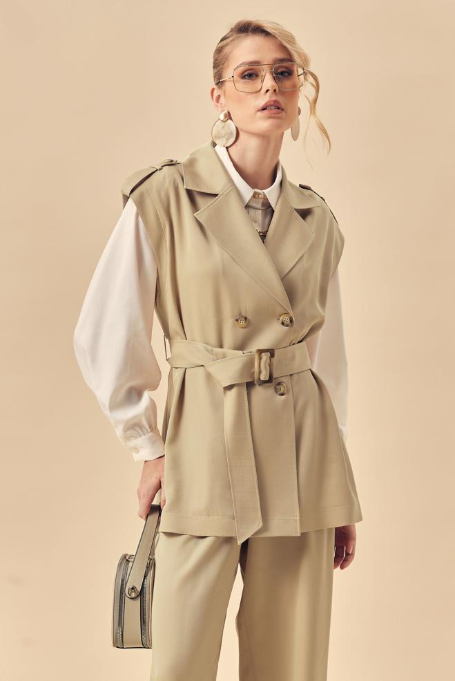 Hijab clothing BEIGE BELTED PANTSUIT 46392 - ALVİNA