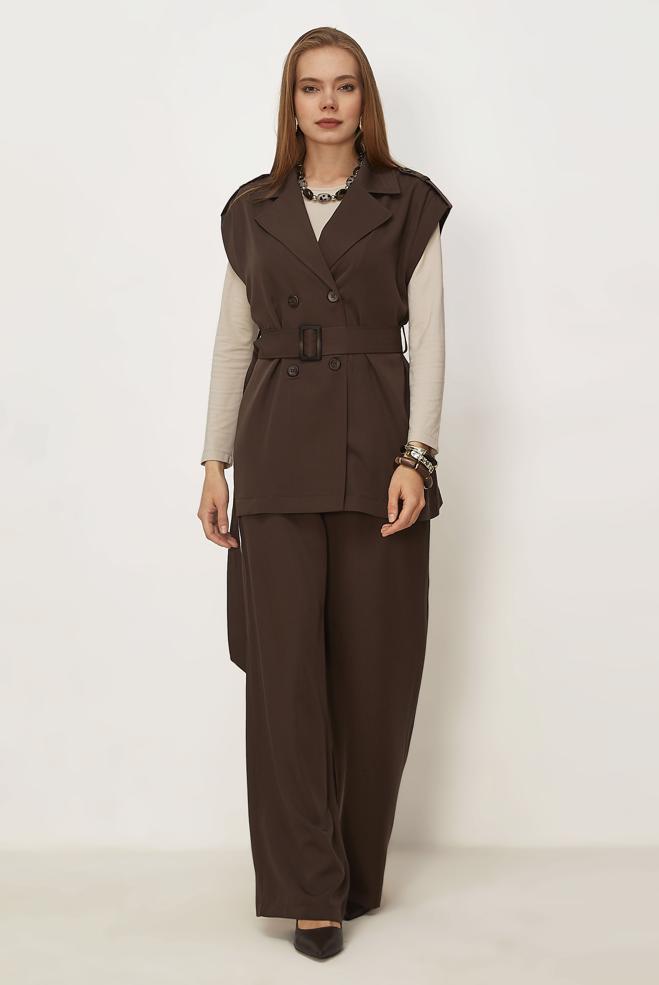 Hijab clothing BROWN BELTED PANTSUIT 46392 - ALVİNA