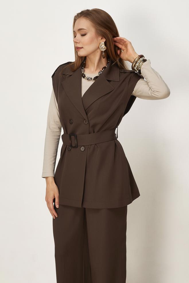 Hijab clothing BROWN BELTED PANTSUIT 46392 - ALVİNA