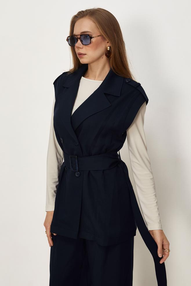 Hijab clothing NAVY BLUE BELTED PANTSUIT 46392 - ALVİNA